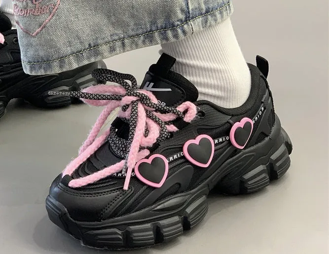 Black Pink Heart Sneakers Shoes Lovercore - Kimi