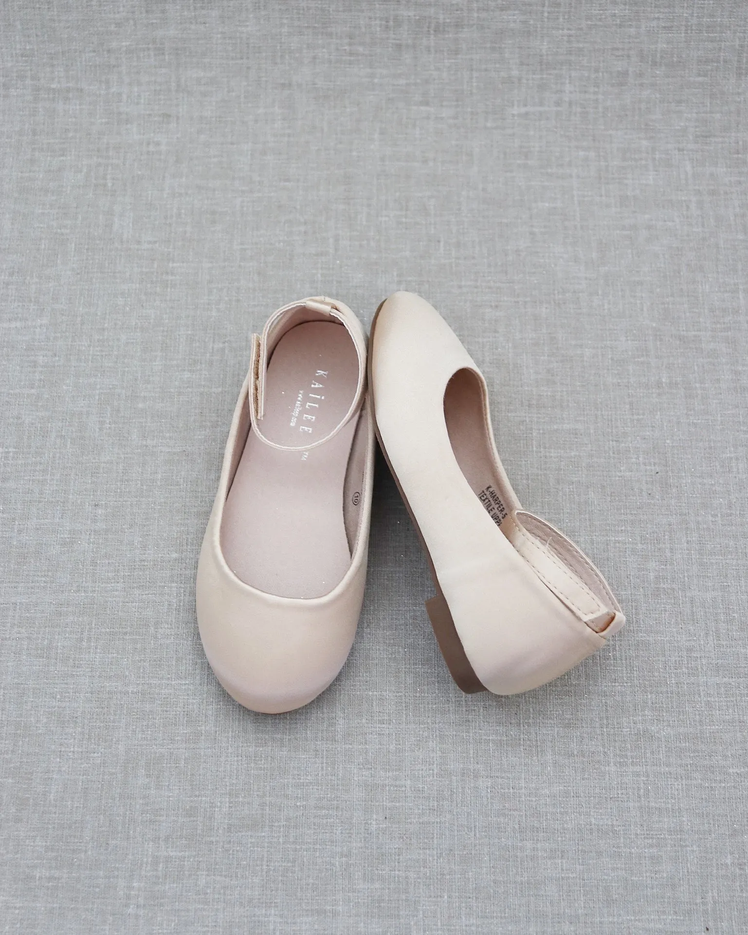 Champagne Satin Flats with Velcro Ankle Strap