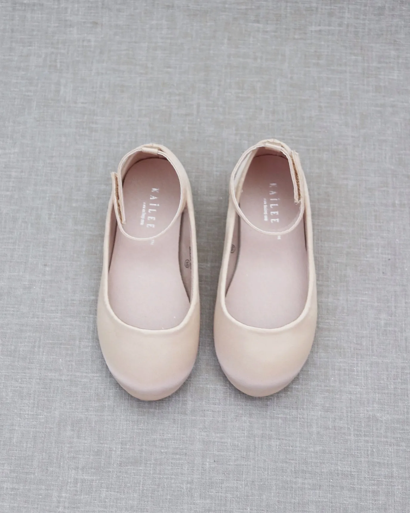 Champagne Satin Flats with Velcro Ankle Strap