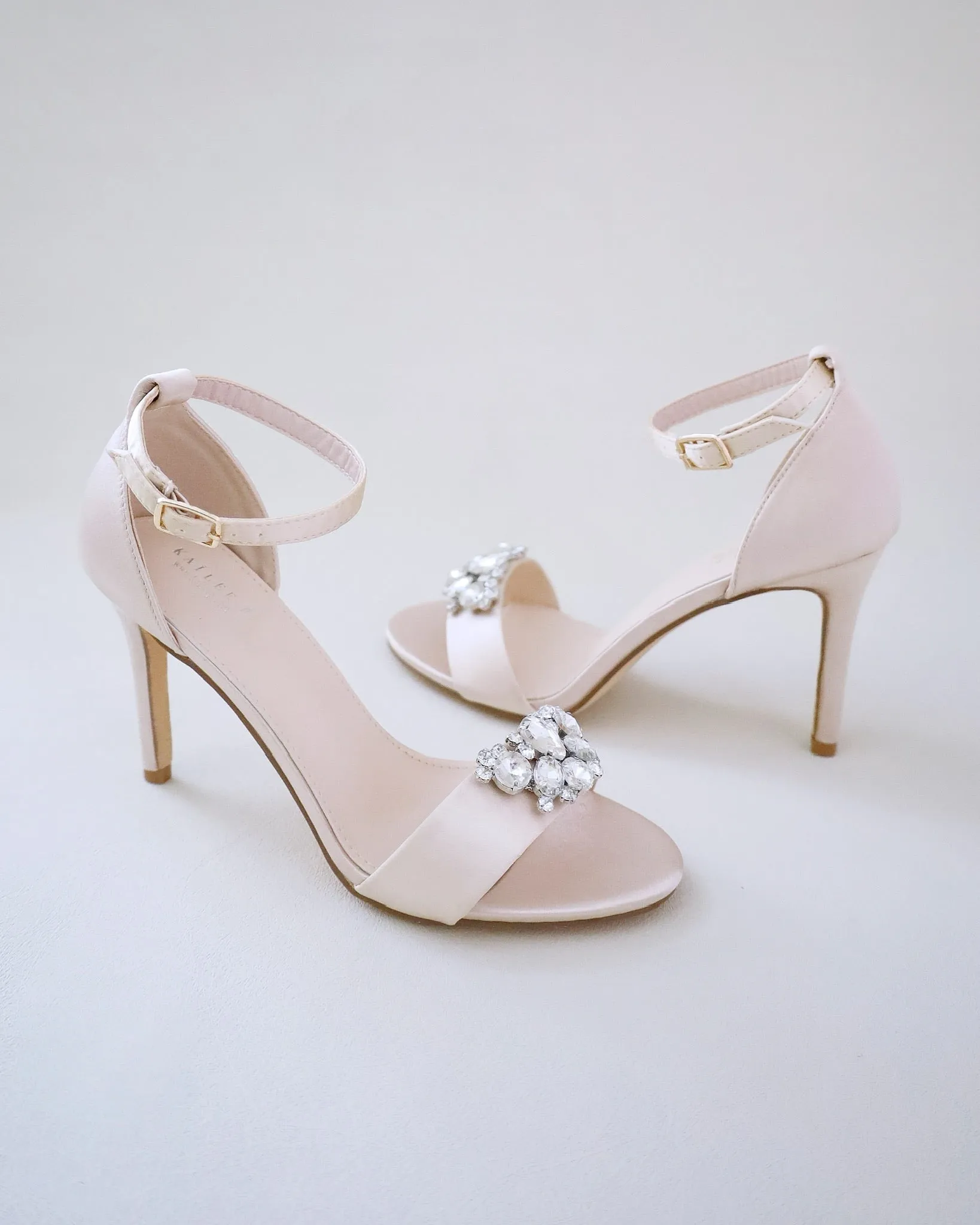 Champagne Satin High Heel Evening Sandals with Dewdrop Brooch