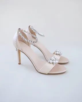 Champagne Satin High Heel Evening Sandals with Dewdrop Brooch