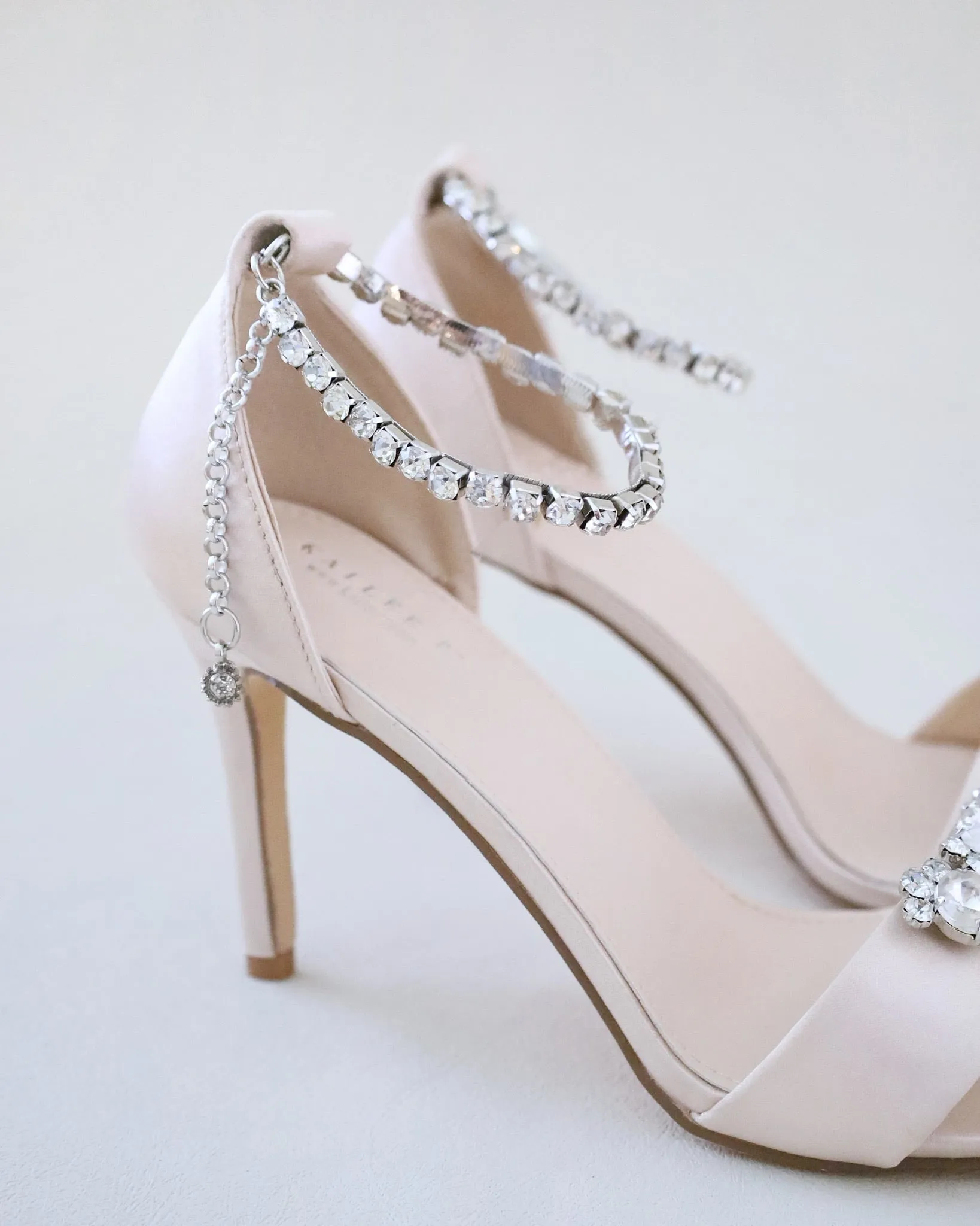 Champagne Satin High Heel Evening Sandals with Dewdrop Brooch