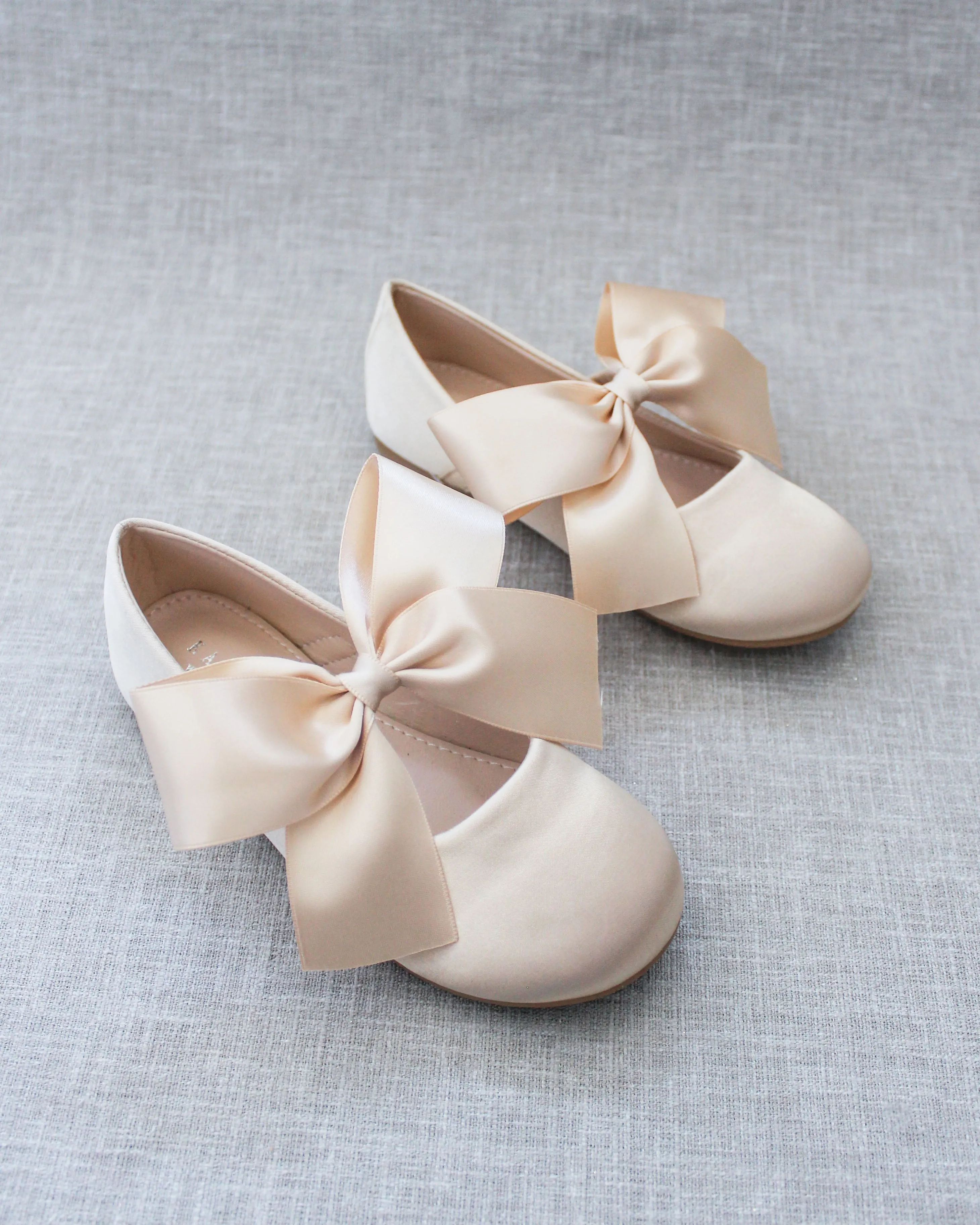 Champagne Satin Mary Jane Flats with Satin Bow