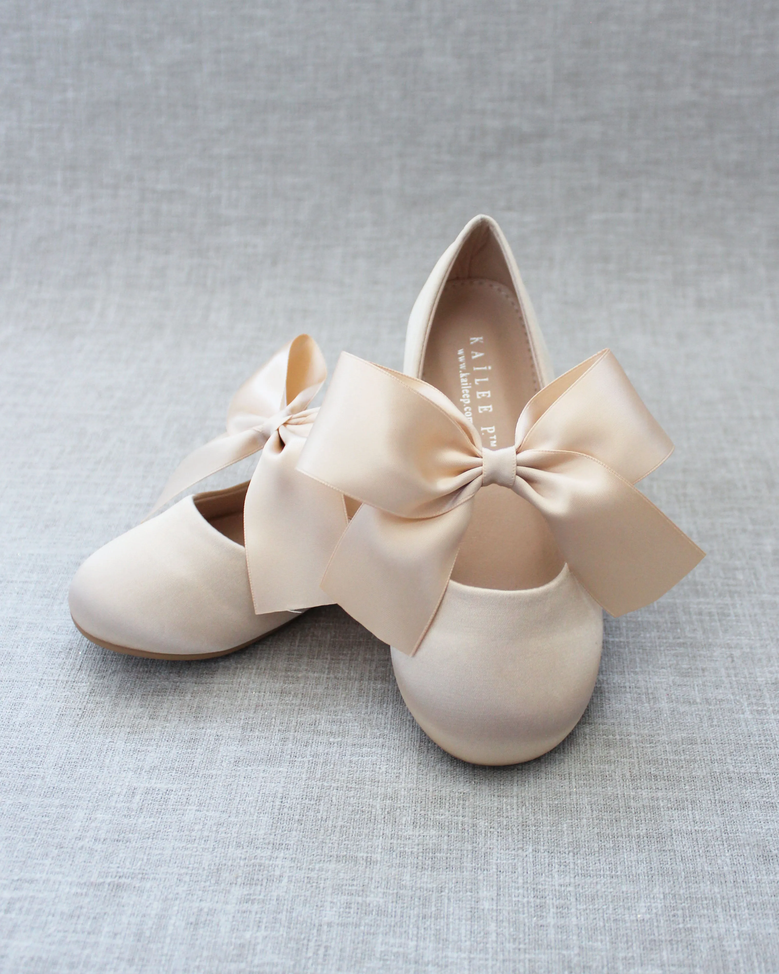 Champagne Satin Mary Jane Flats with Satin Bow