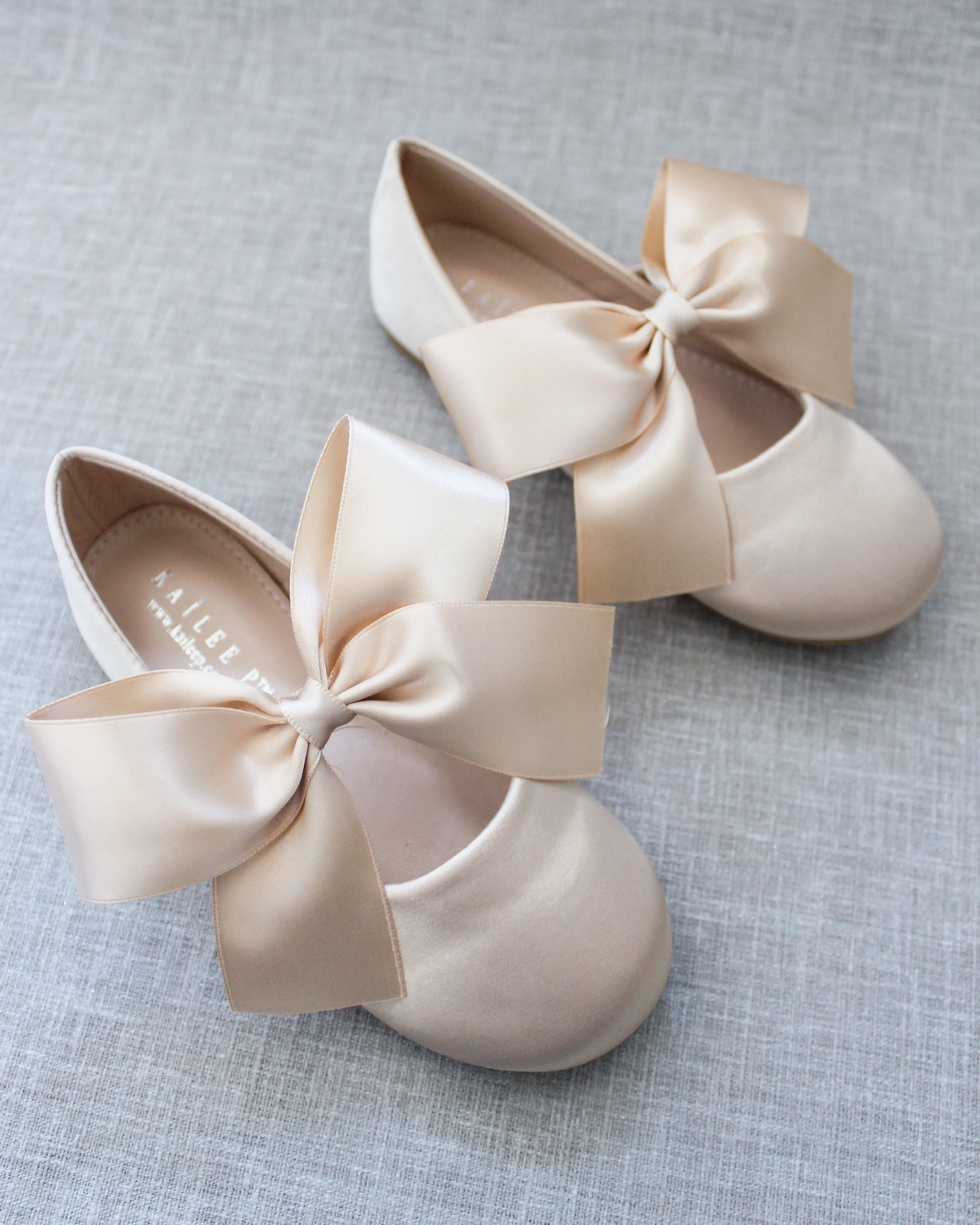 Champagne Satin Mary Jane Flats with Satin Bow