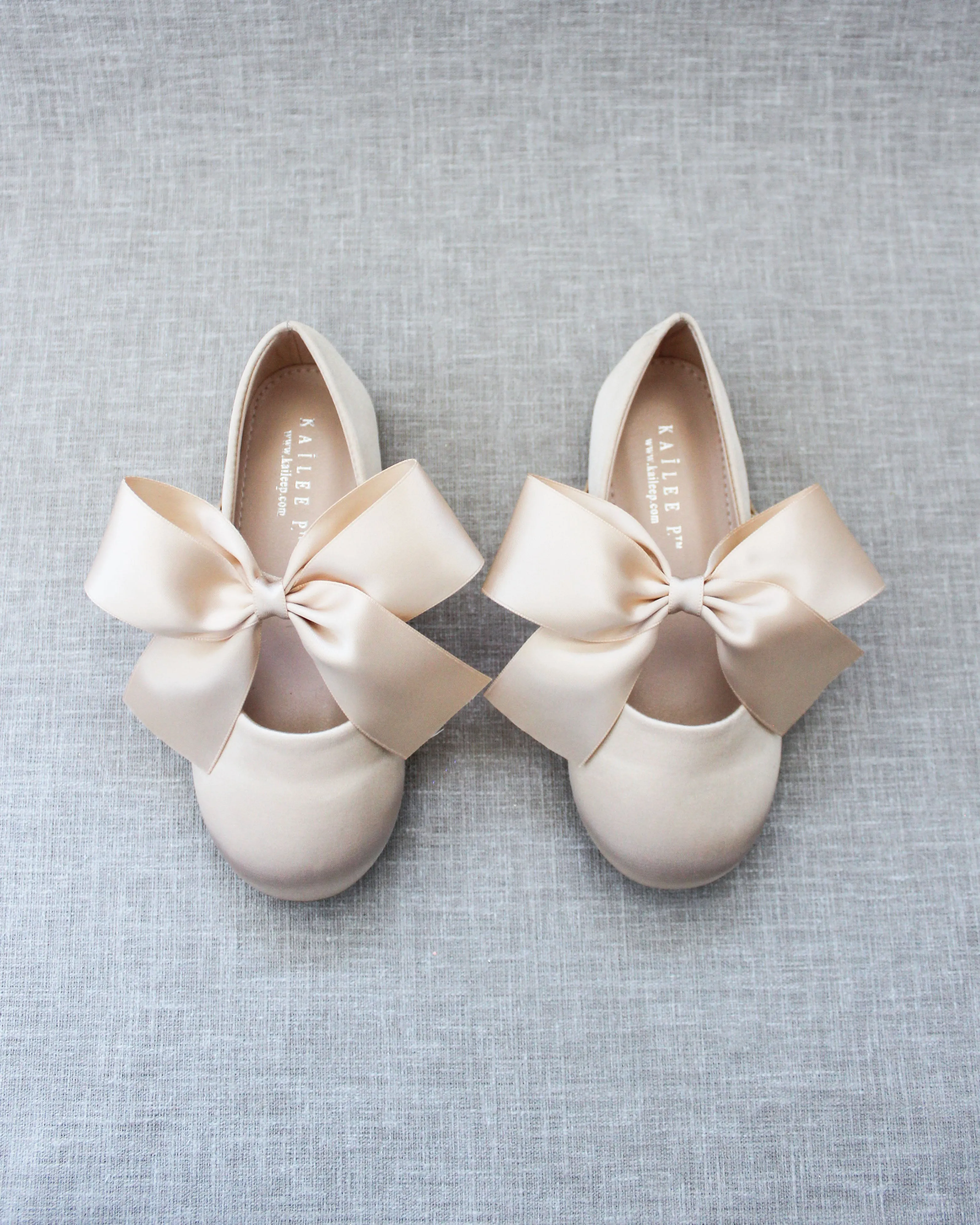 Champagne Satin Mary Jane Flats with Satin Bow