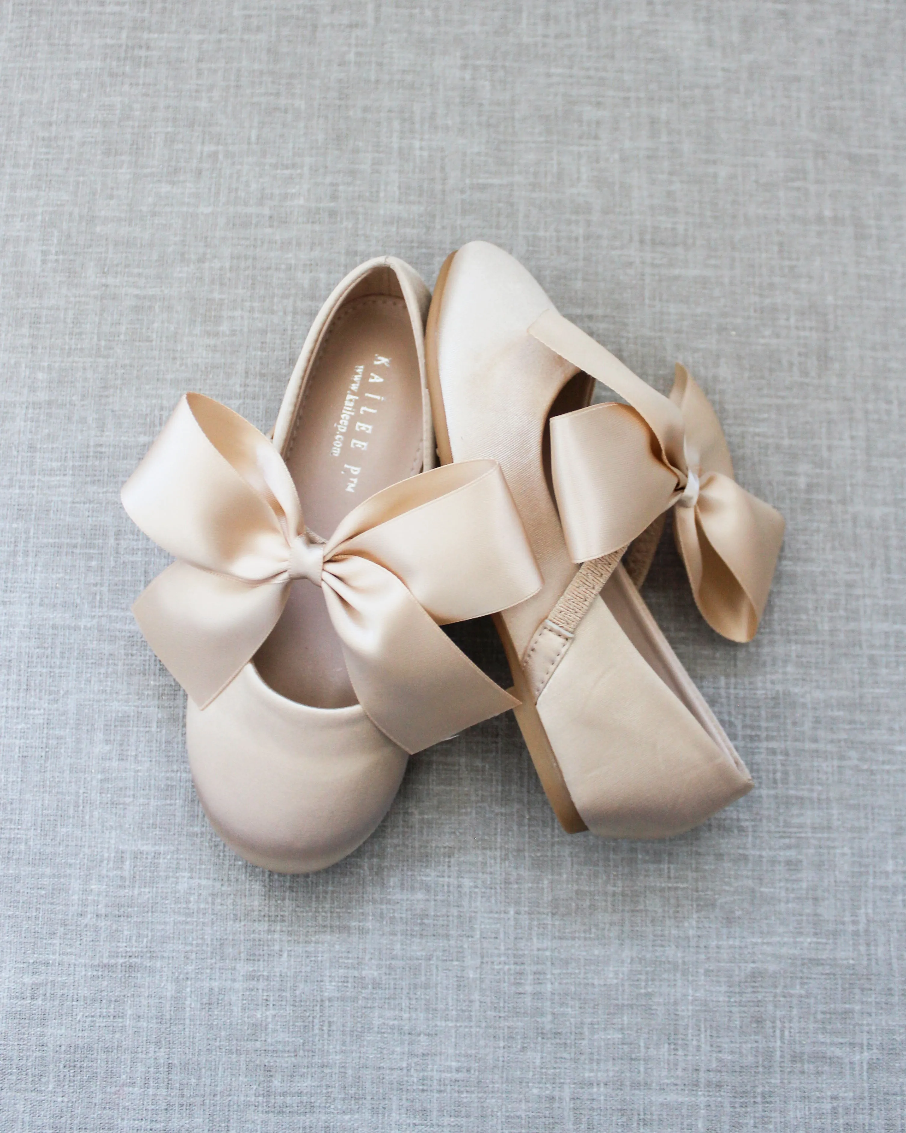 Champagne Satin Mary Jane Flats with Satin Bow