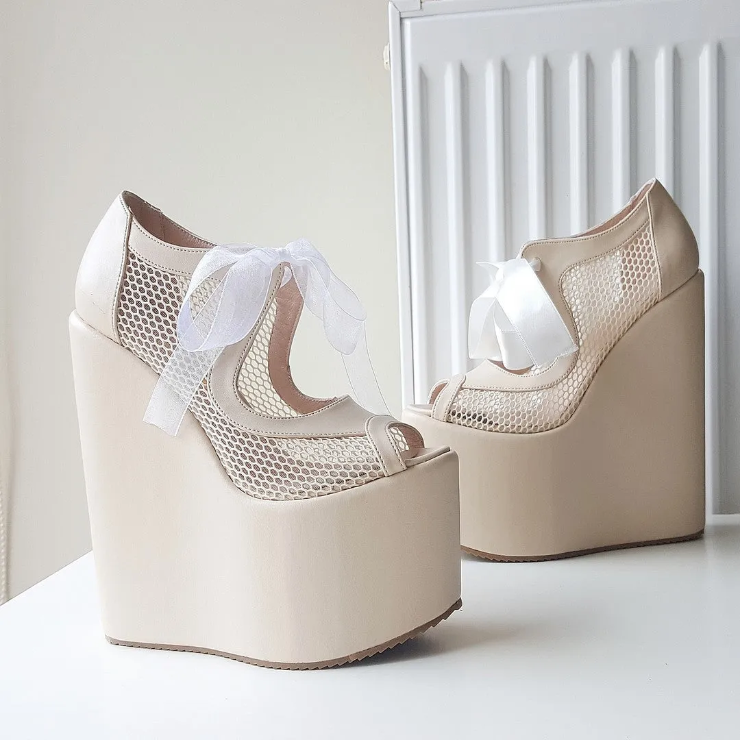 Cream Nude High Heel Wedge Platform Shoes