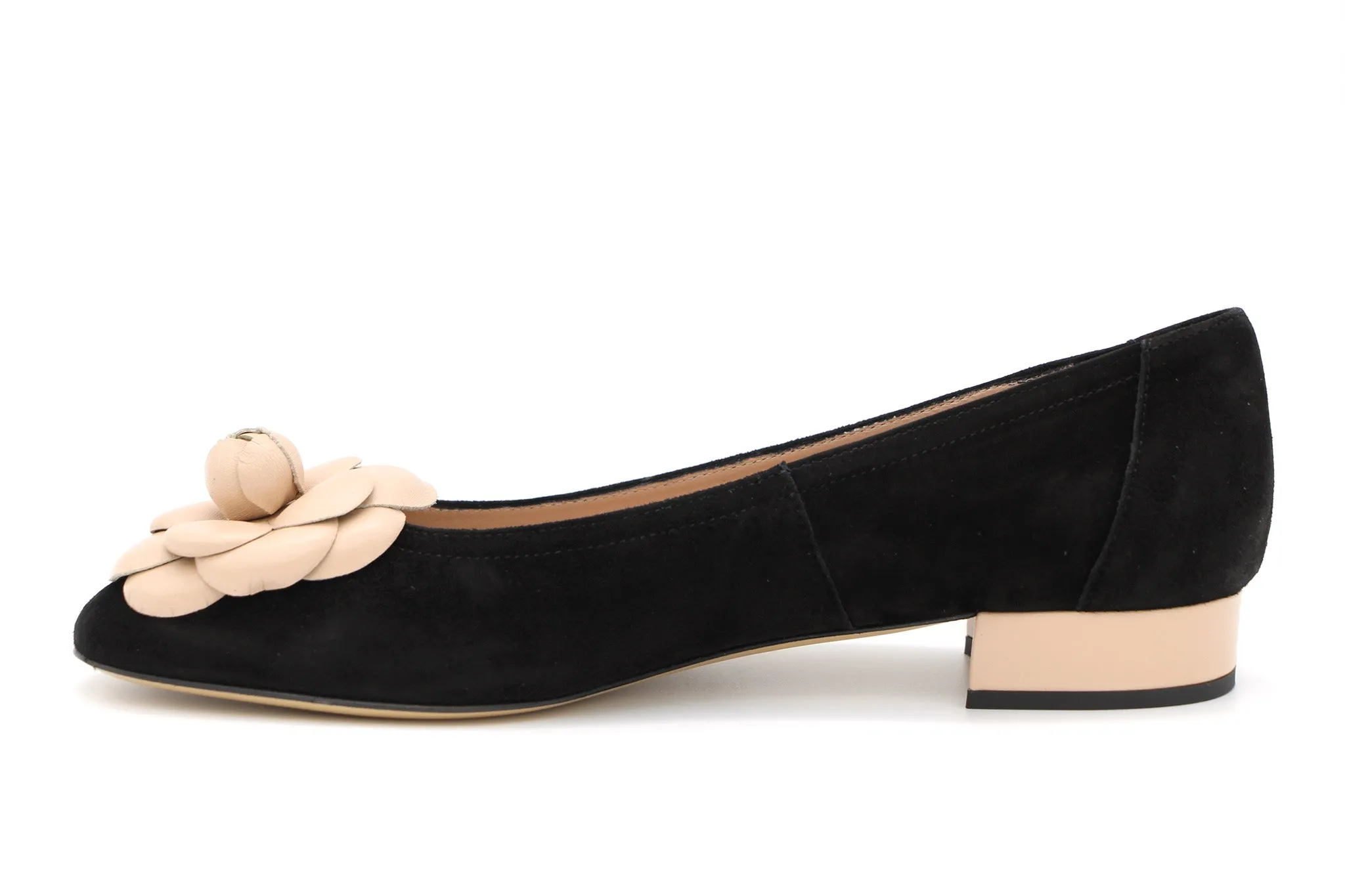 FABUCCI Black Suede Ballet Flat with contrast Flower