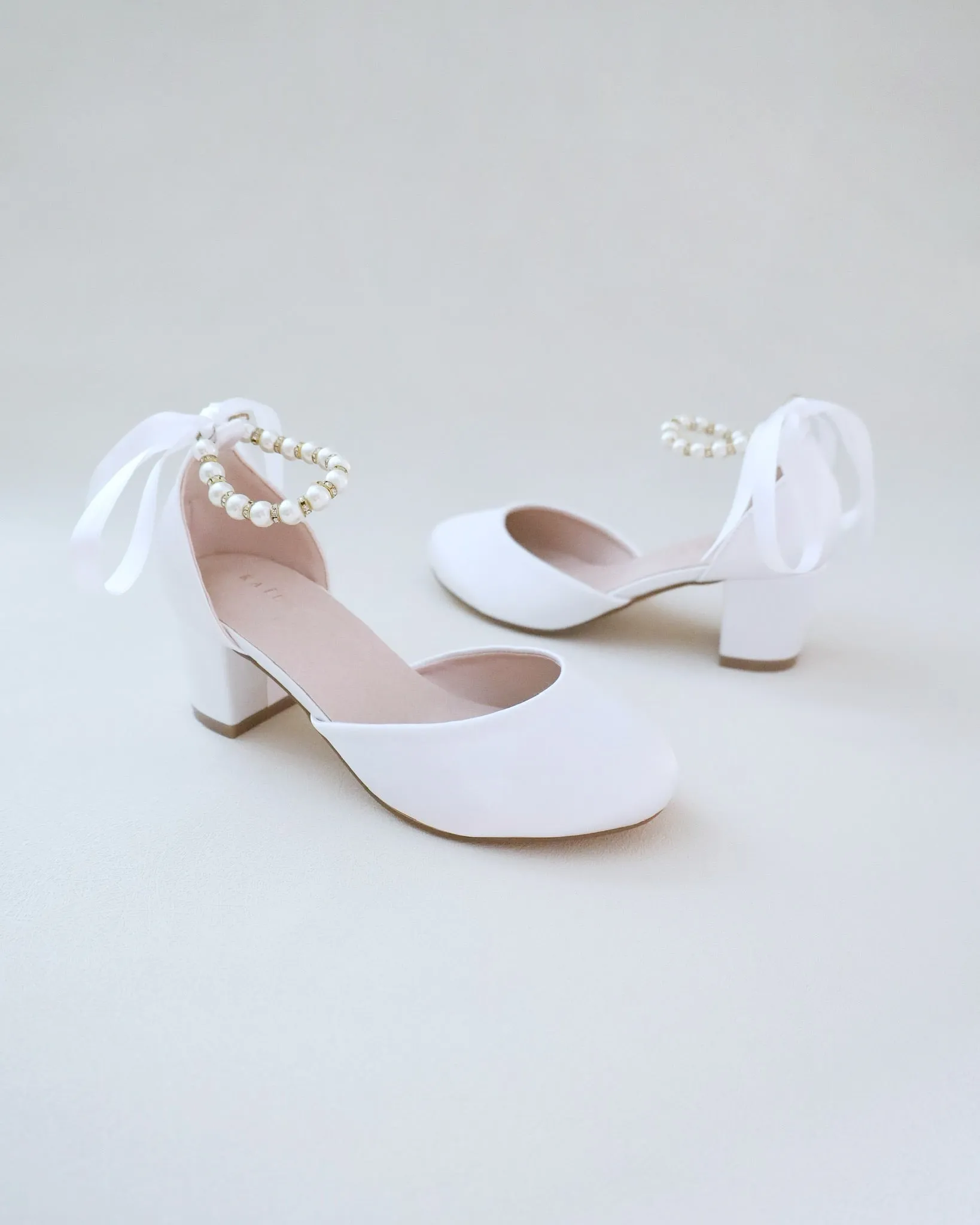 Girls Satin Block Heel with Pearls Ankle Strap