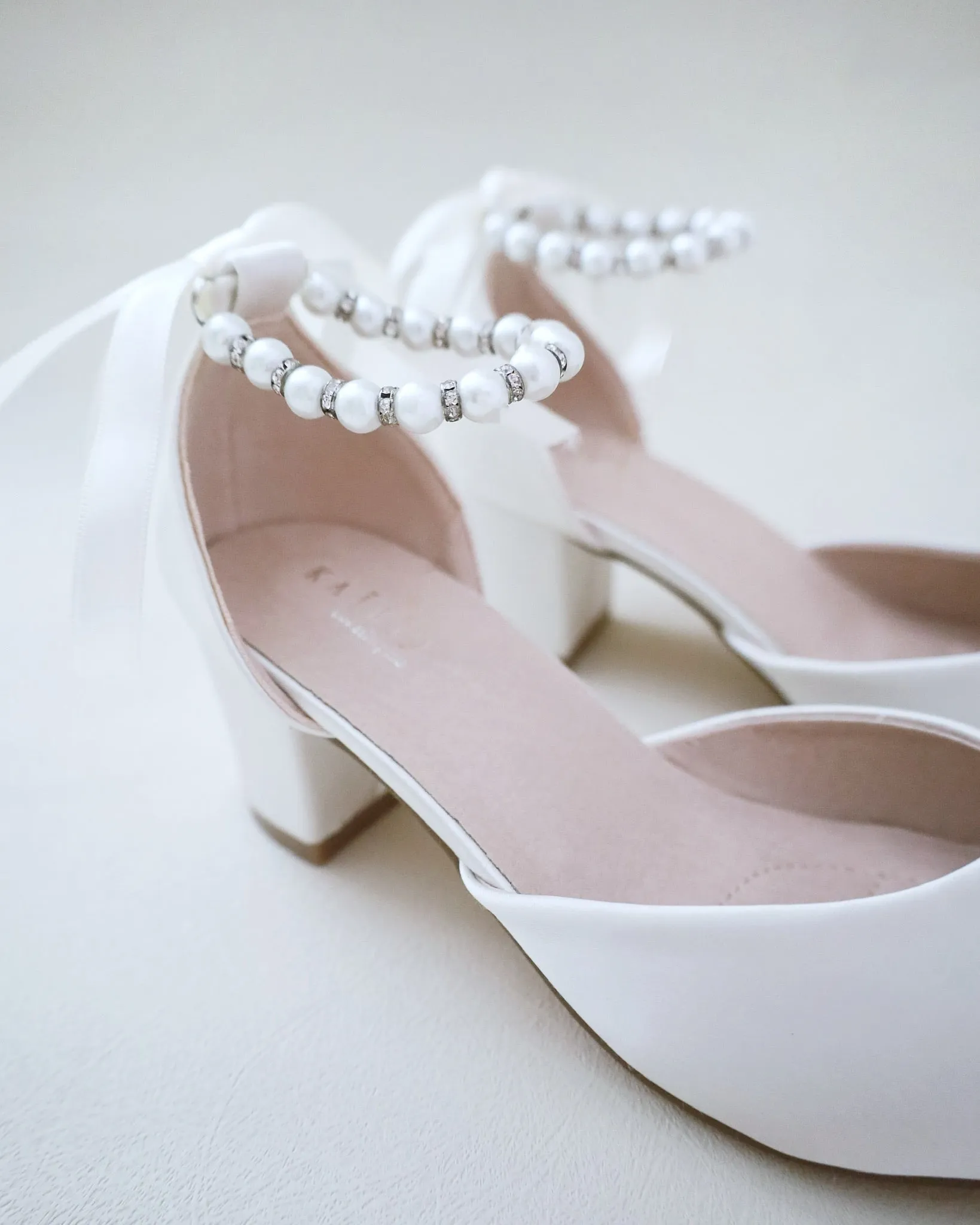 Girls Satin Block Heel with Pearls Ankle Strap