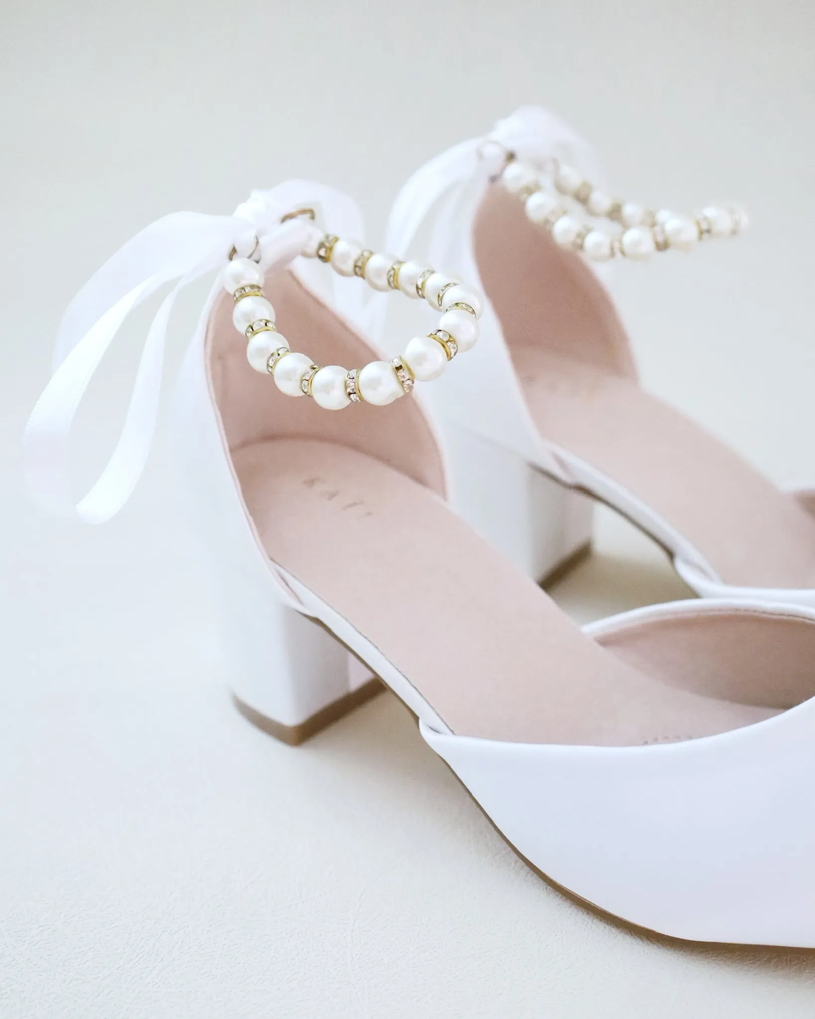 Girls Satin Block Heel with Pearls Ankle Strap