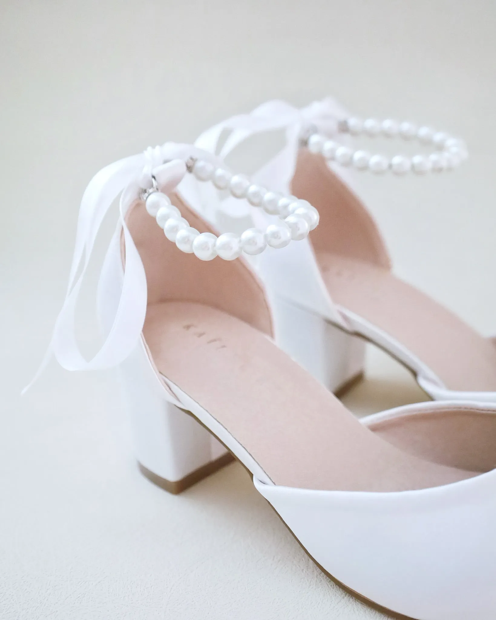 Girls Satin Block Heel with Pearls Ankle Strap