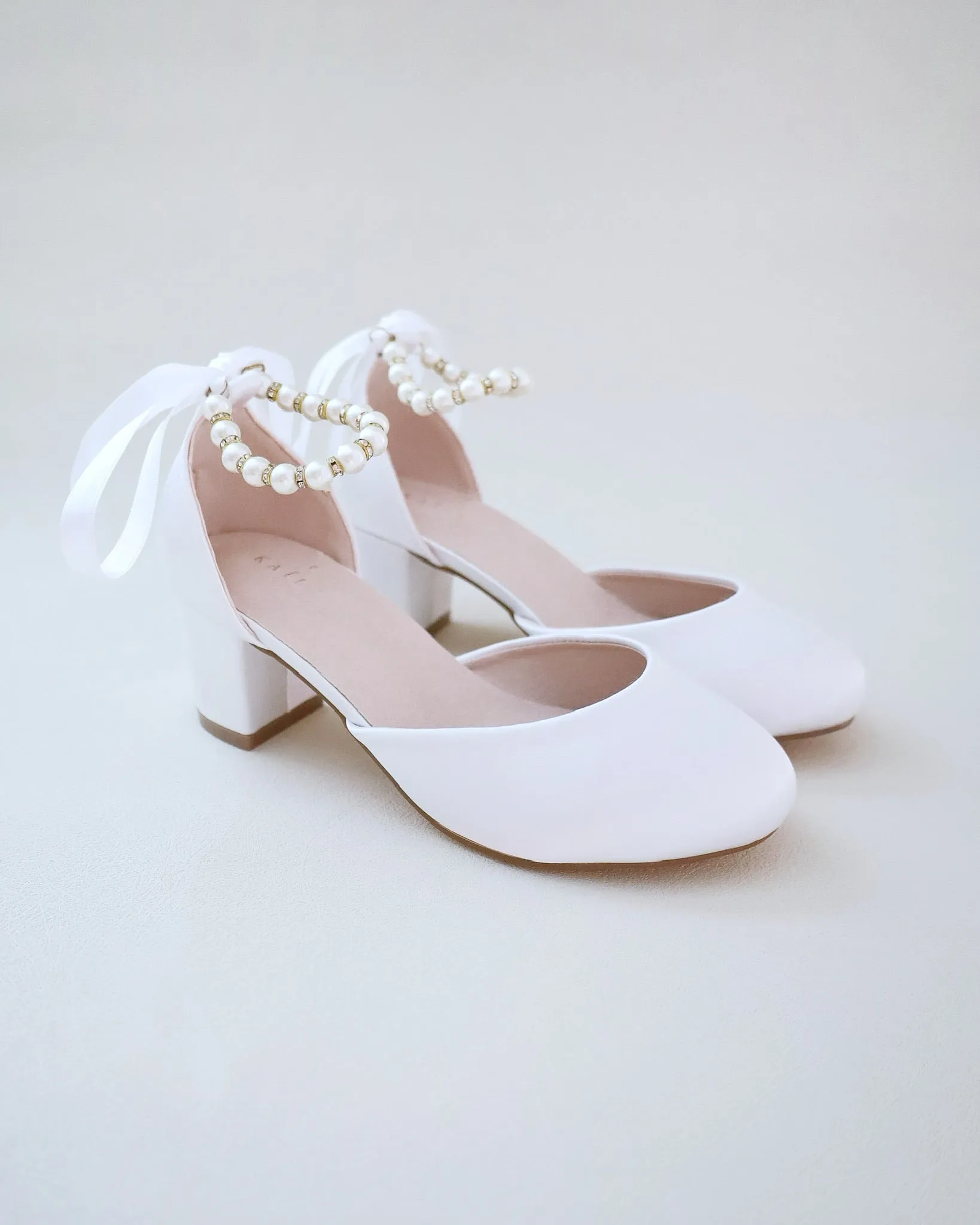 Girls Satin Block Heel with Pearls Ankle Strap