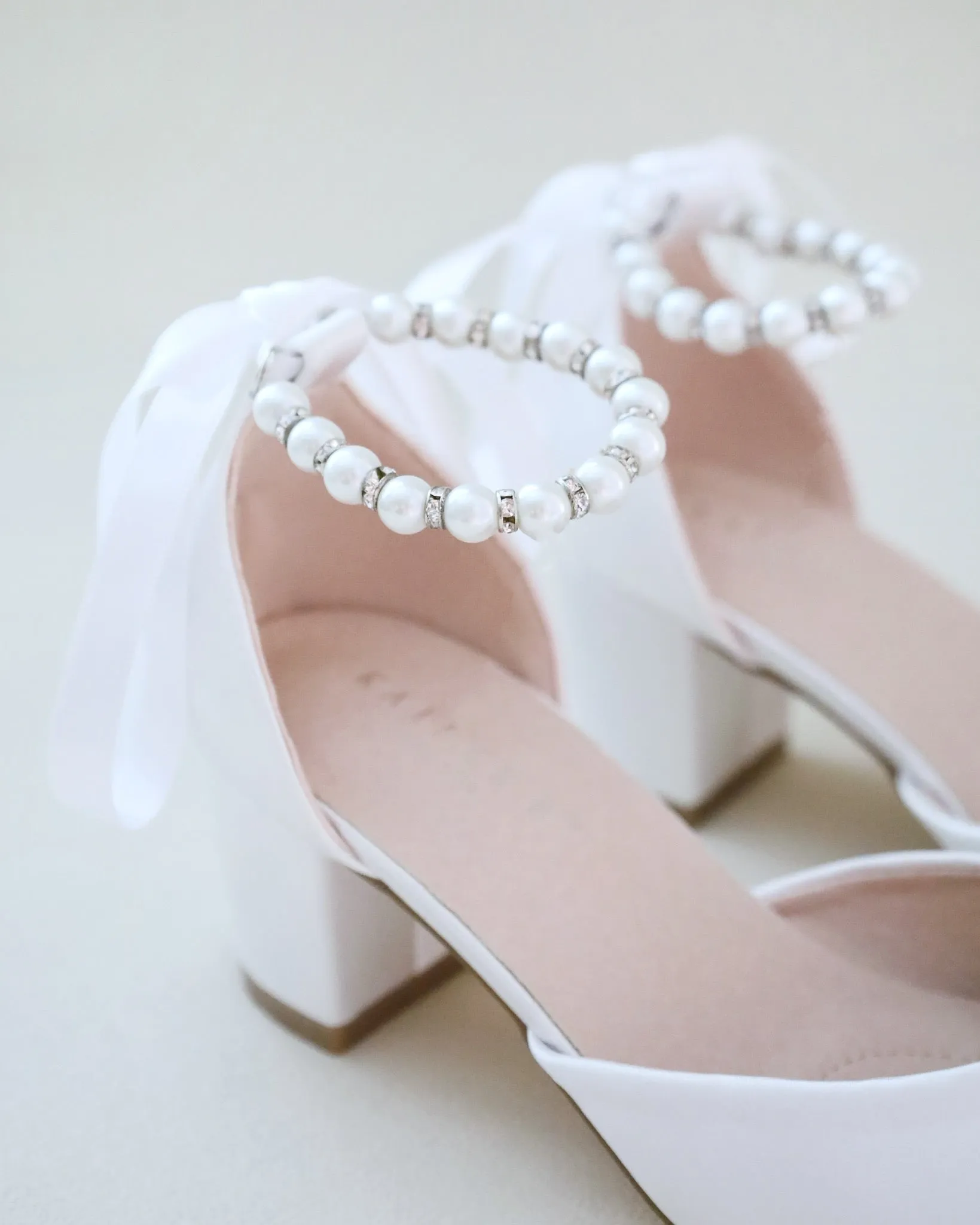 Girls Satin Block Heel with Pearls Ankle Strap