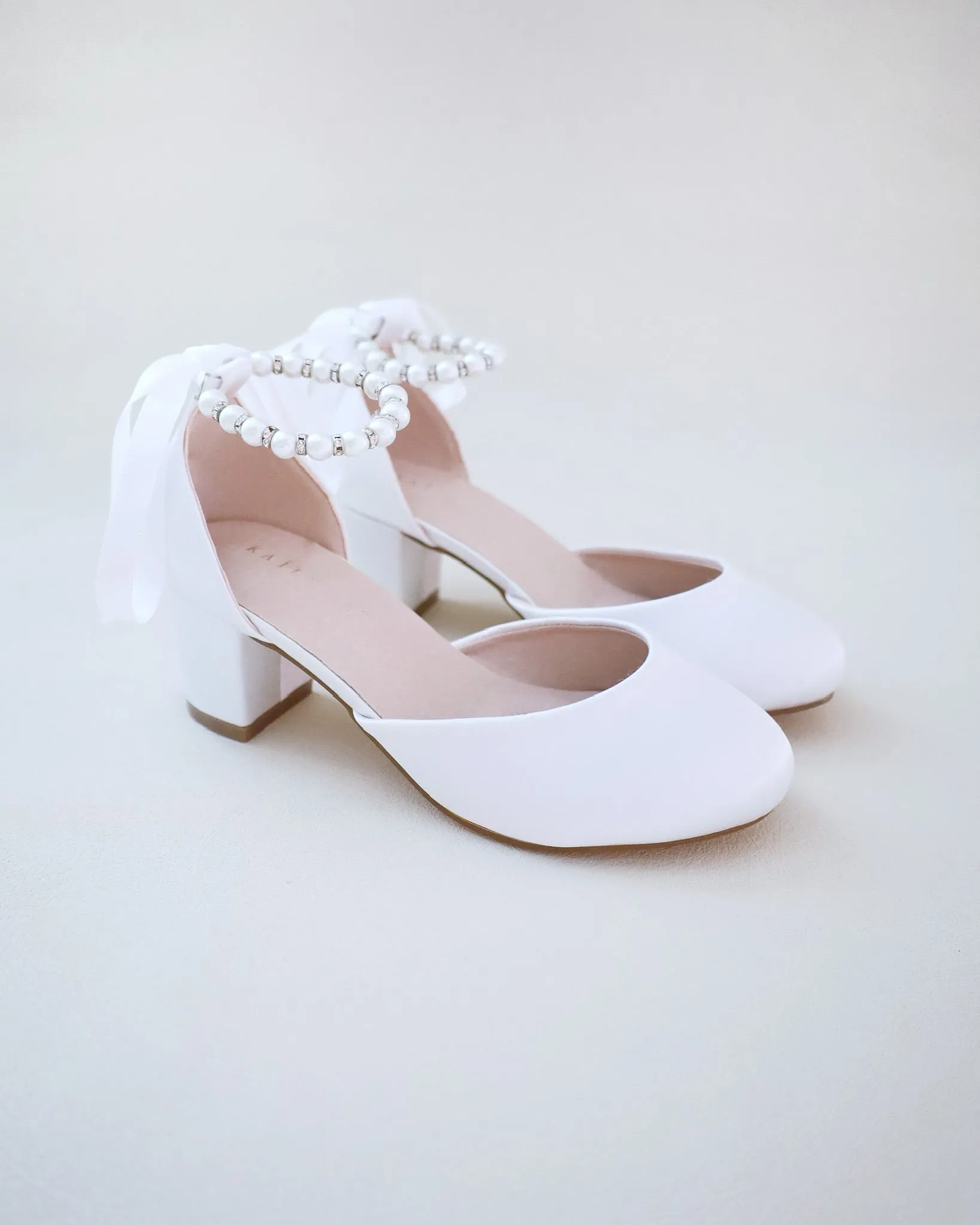 Girls Satin Block Heel with Pearls Ankle Strap