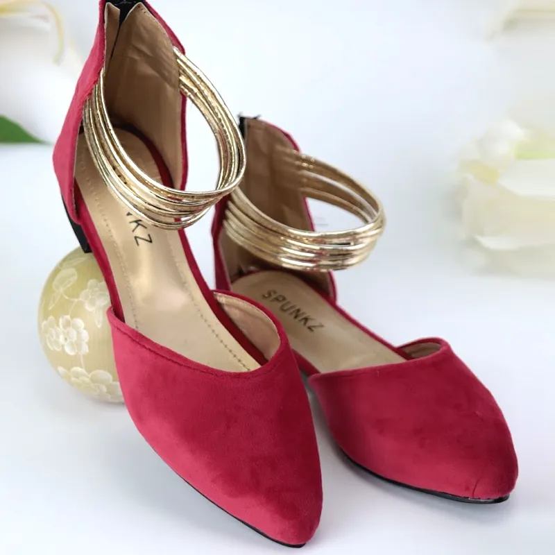 Gold Ankle-Strap Pointed Toe Velvet Flats Pump Shoes