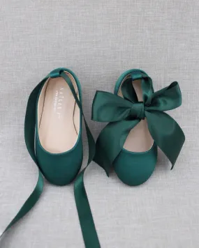 Hunter Green Satin Flats with Satin Ankle Tie or Ballerina Lace Ups