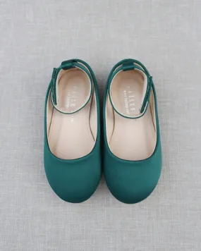 Hunter Green Satin Flats with Velcro Ankle Strap