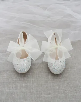 Ivory Satin Mary Jane Flats With Rhinestones Embellishment and Chiffon Bow