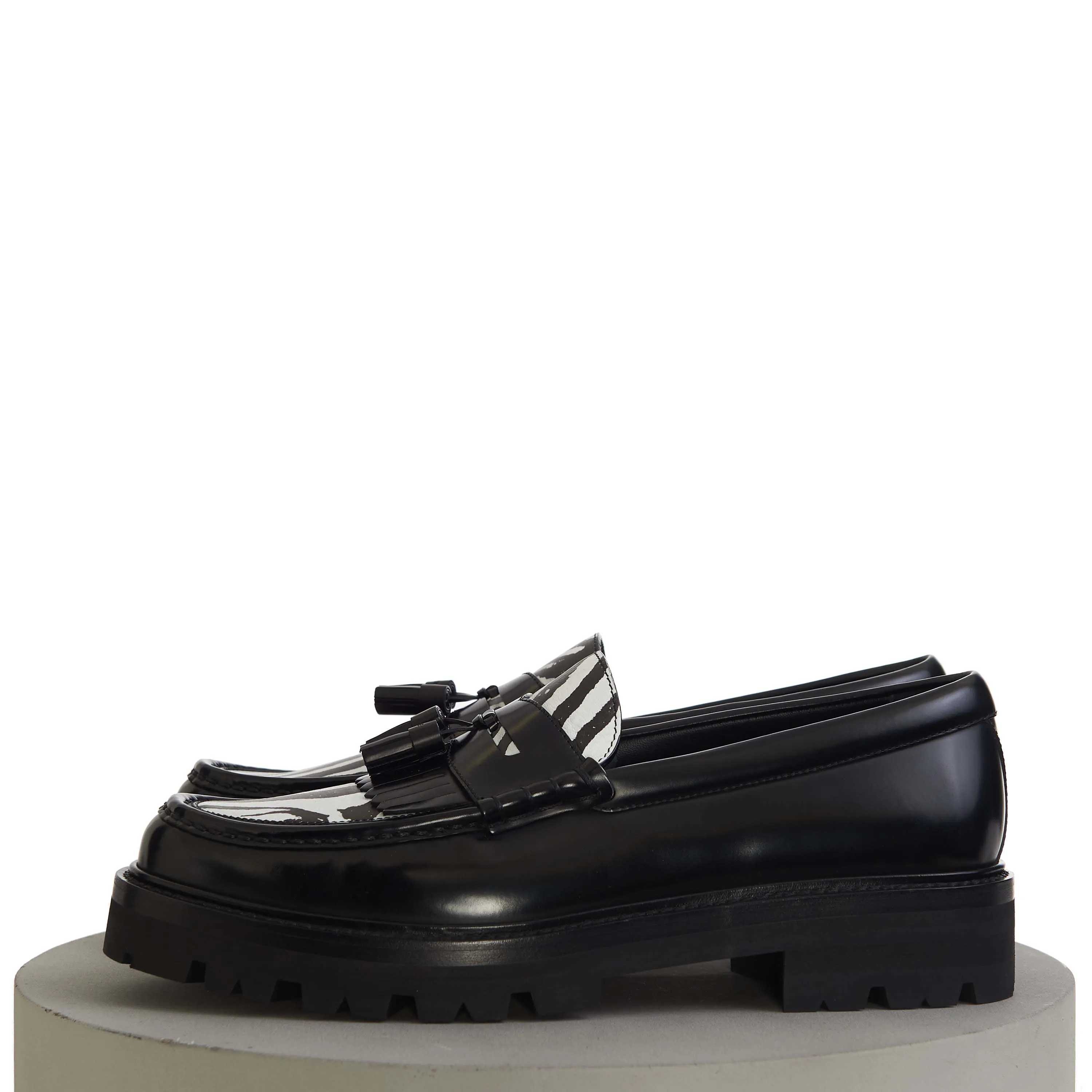 Margaret Chunky Loafer With Tassels In Black Leather & Zebra Print