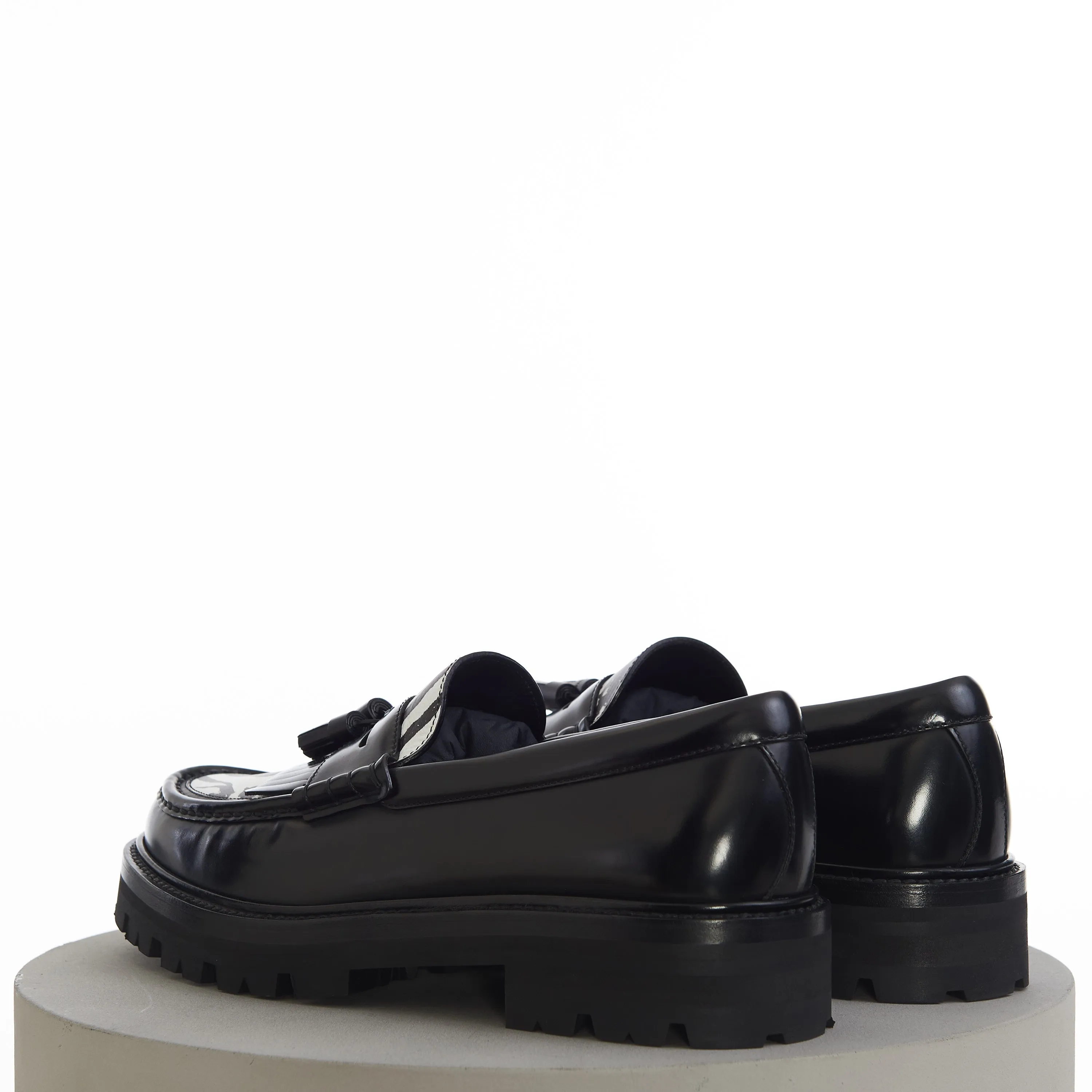 Margaret Chunky Loafer With Tassels In Black Leather & Zebra Print