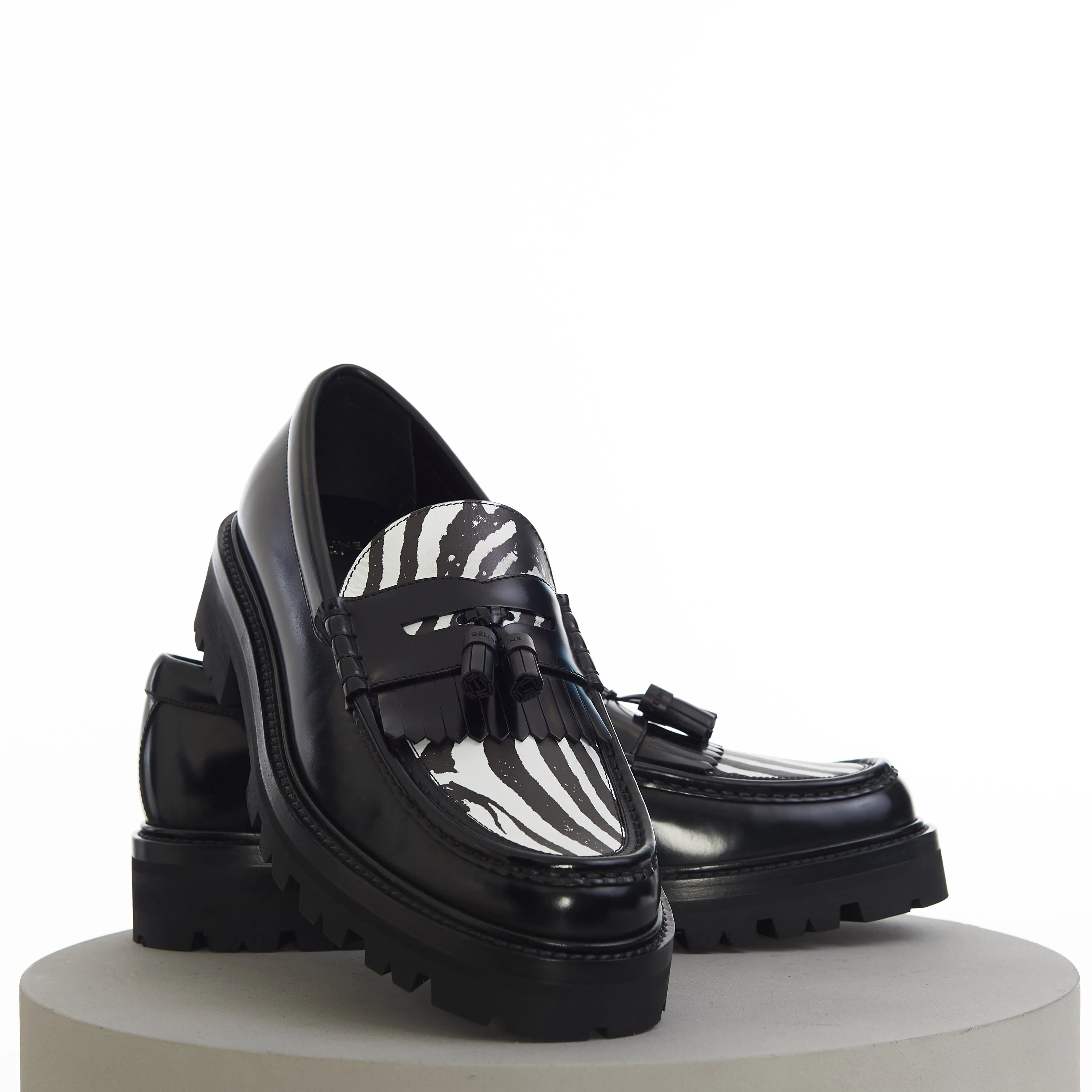 Margaret Chunky Loafer With Tassels In Black Leather & Zebra Print