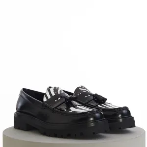 Margaret Chunky Loafer With Tassels In Black Leather & Zebra Print