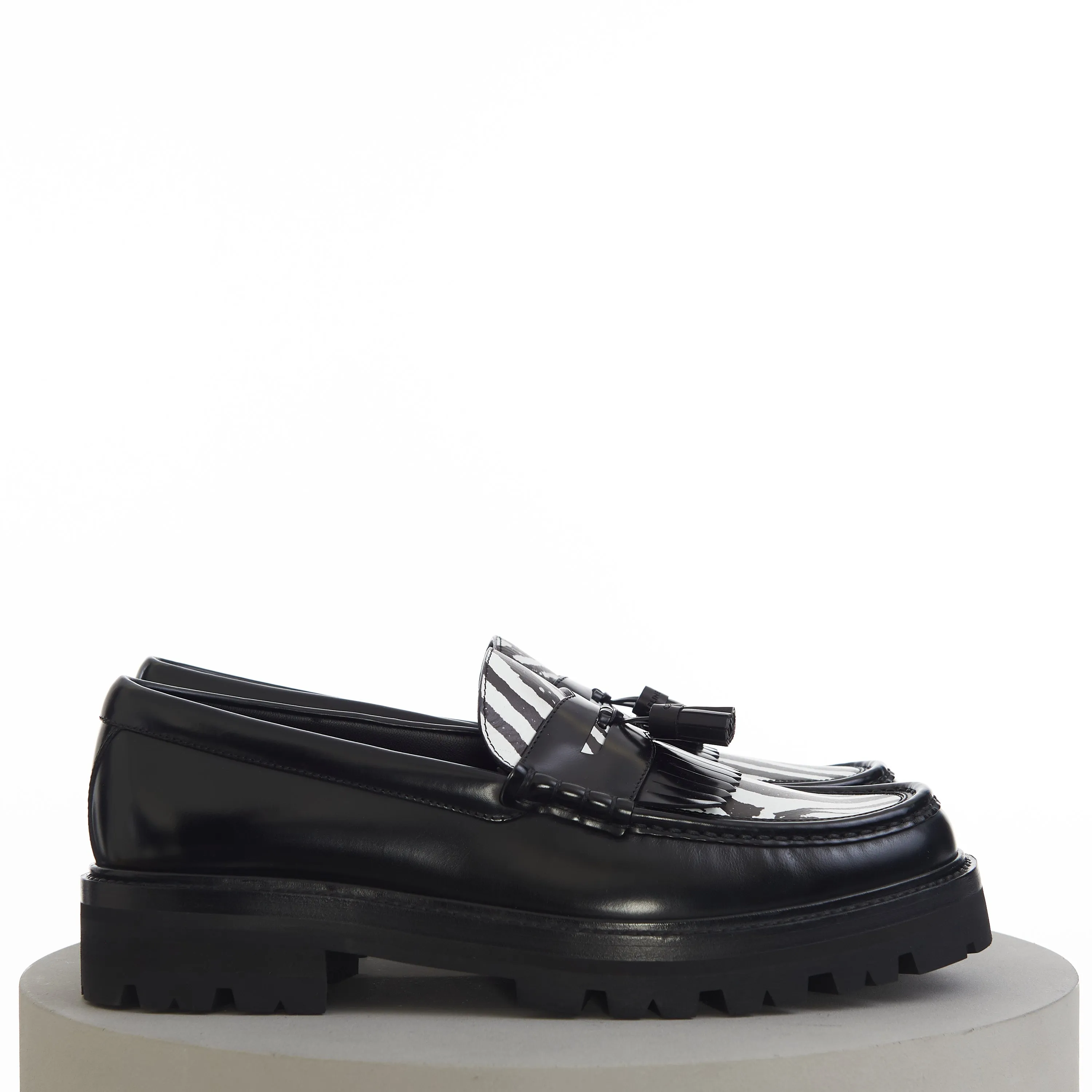 Margaret Chunky Loafer With Tassels In Black Leather & Zebra Print