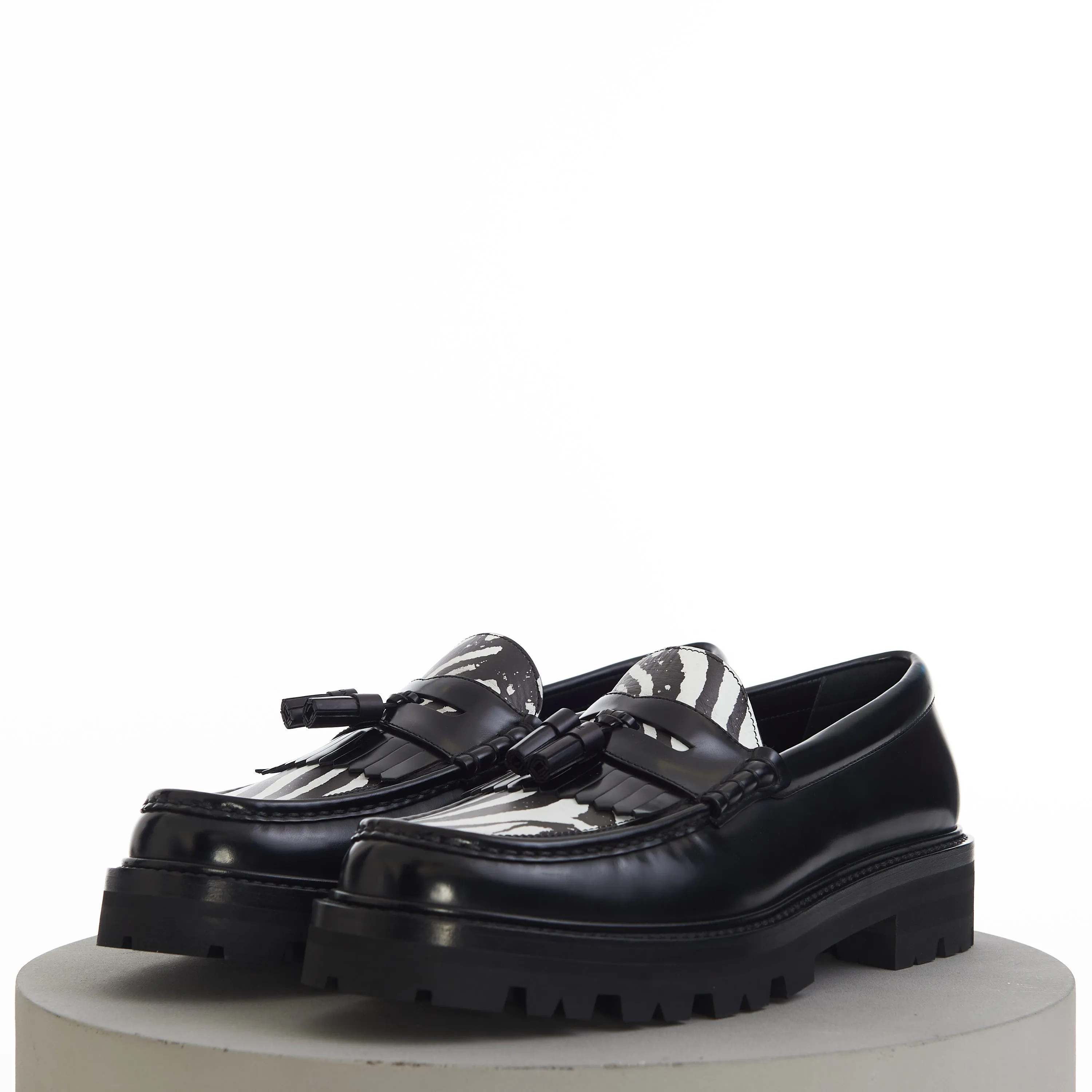 Margaret Chunky Loafer With Tassels In Black Leather & Zebra Print