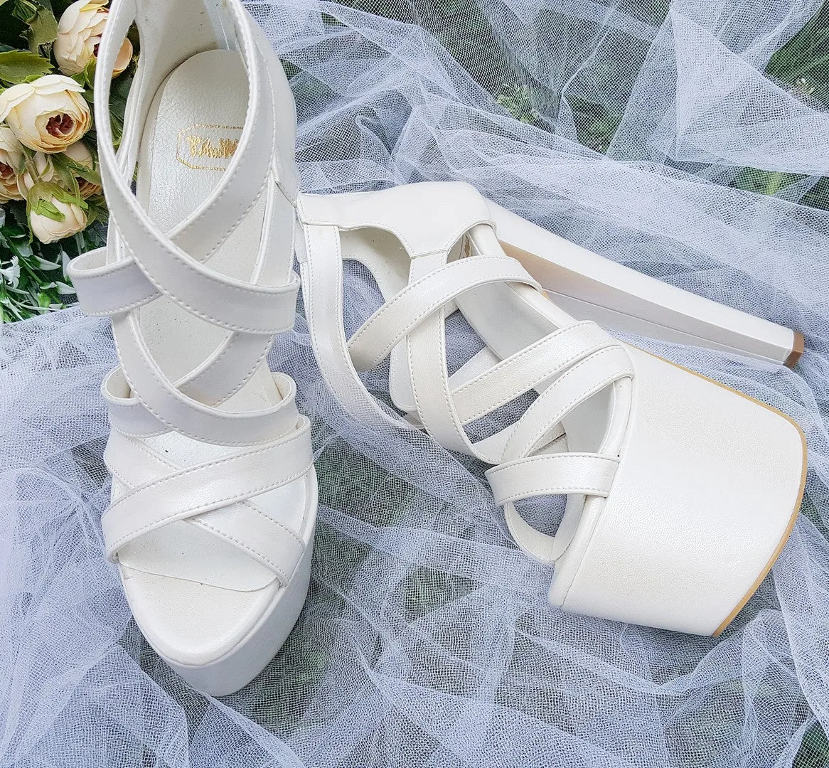 Multi Cross Strapped Ivory Heel Heel Platforms