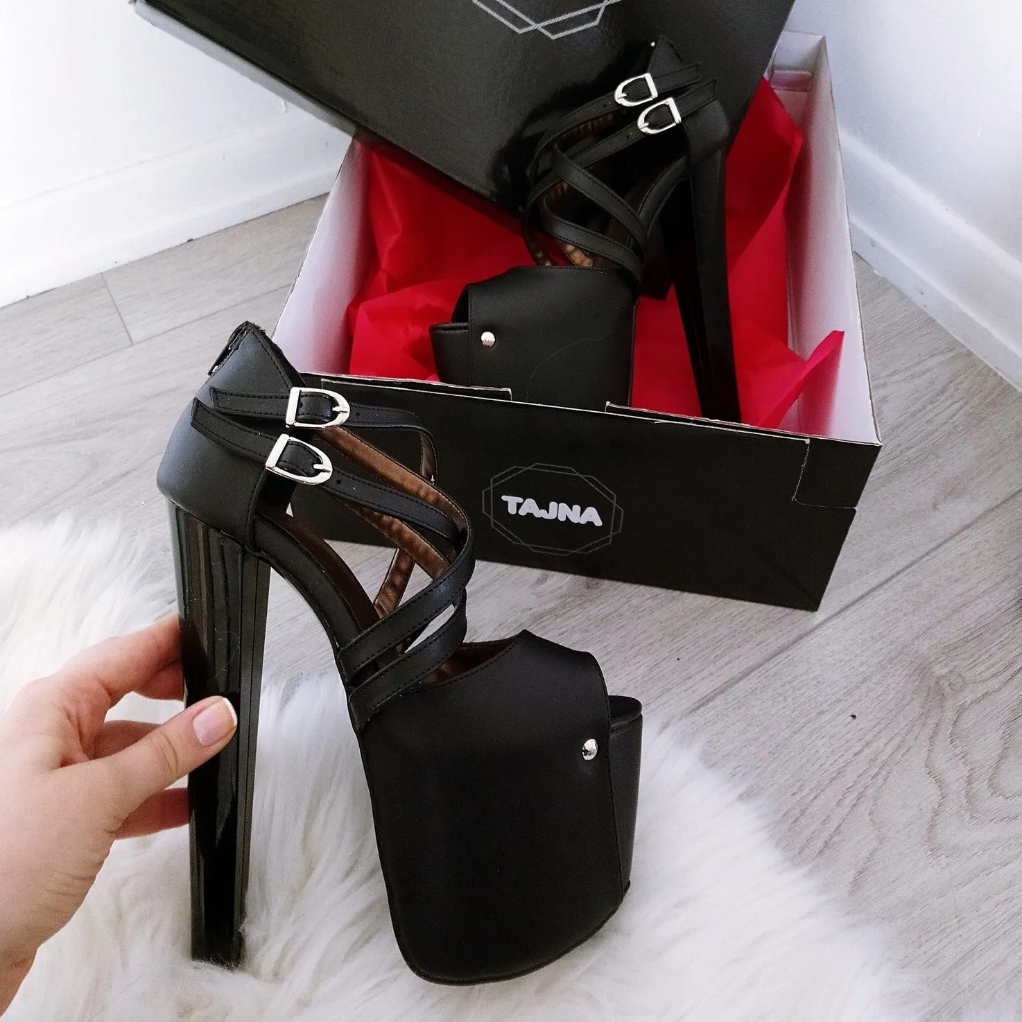 Peep Toe Cross Strap Black High Heel Platforms