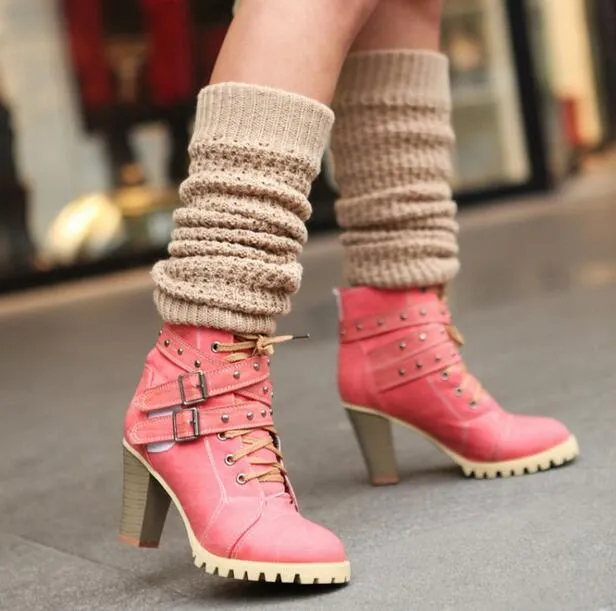 Punk Womens Lace up Buckle Strap Block Heel Shoes Belt Retro Ankle Boots