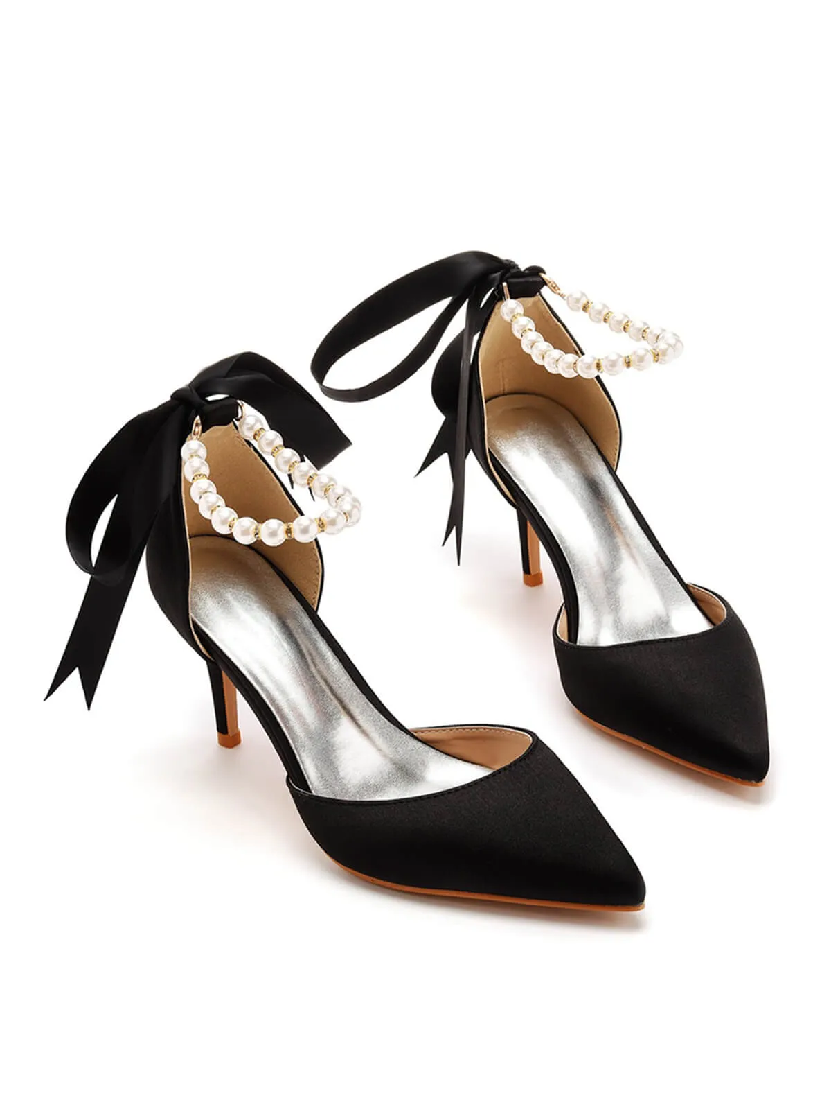 Solid Color Pearl Satin Pointed Toe Heels