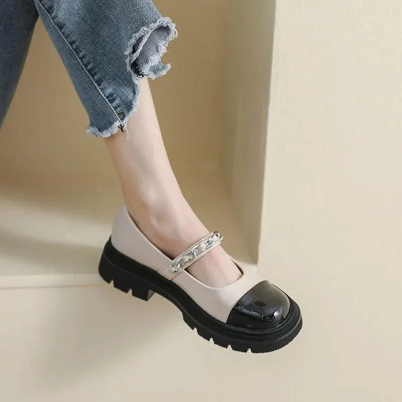 W8056 Women's Casual Shoes - Leather Mary Jane Low Heels